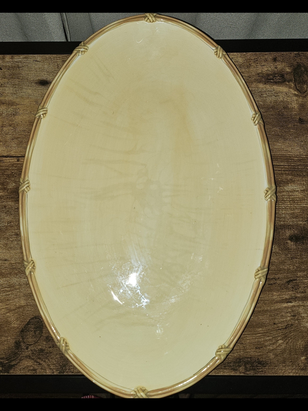 18 Inch Cream Oval Clay Art Serving Platter in Cream with Rope-Edge Detail